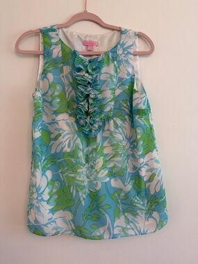 Lilly Pulitzer Blue, Green & White Floral Ruffle Shell